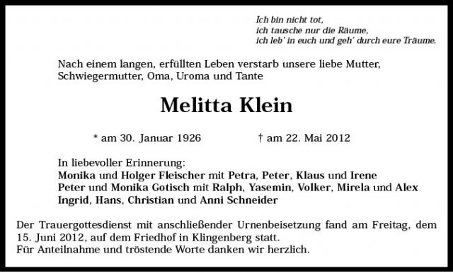 Klein Melitta 1926-2012 Todesanzeige